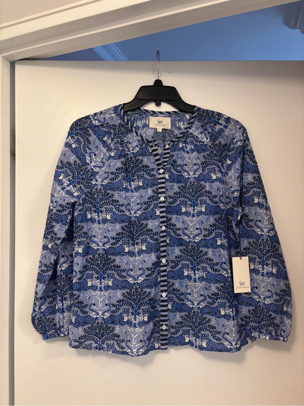 New Printfresh Blue black cheetah Button-Front Women's Blouse silk cotton m